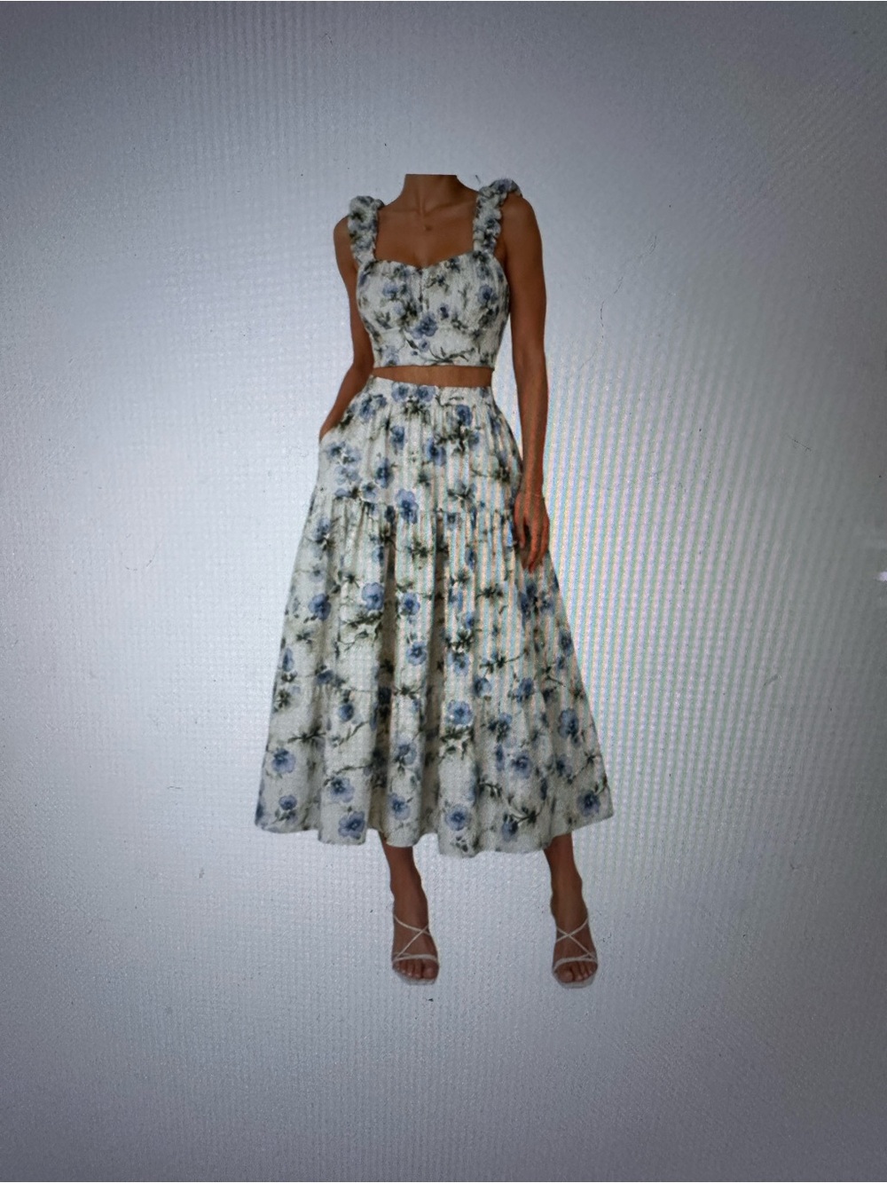 Abercrombie & Fitch Cream and Blue Floral Ruffle Strap Midi Skirt & Tol - Picture 2 of 3